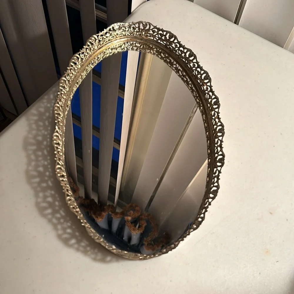 Vintage gold tone mirrored filigree vanity dresser mirror - tray